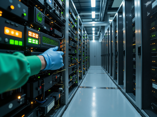 现代化数据中心机房，服务器设备整齐排列，技术人员正在工作，显示各种交通数据分析界面